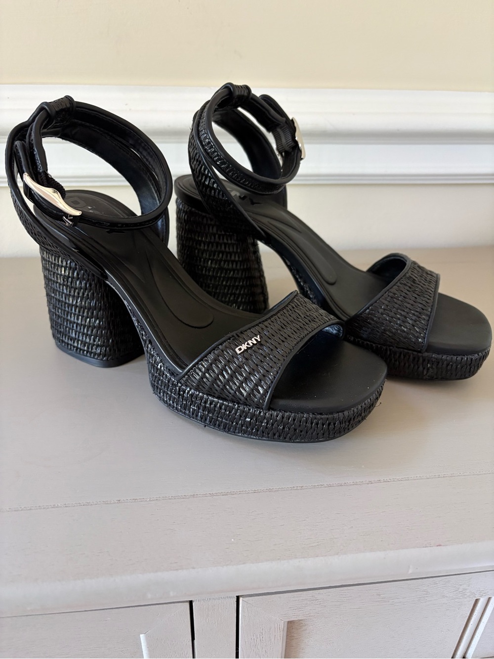 DKNY Black Woven Platform Sandals with Ankle Buckle